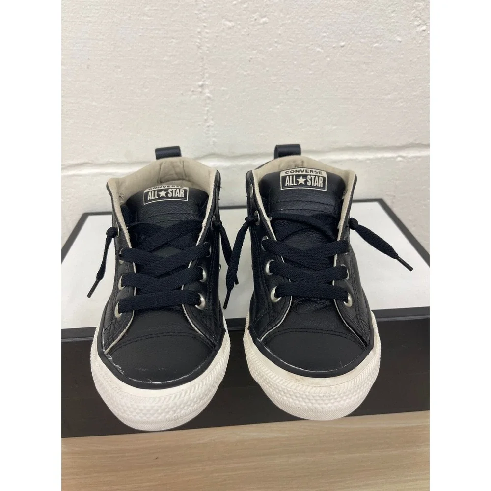 Converse All‎ Star Mid Sneakers Black Leather Lace up 632516C Youth Kids Size 2